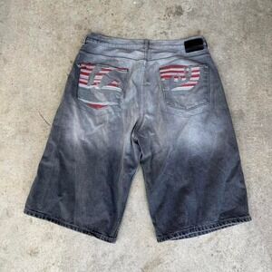 Y2K Ecko Baggy Black Denim Gradient Wash Shorts Skater Embroidered 40